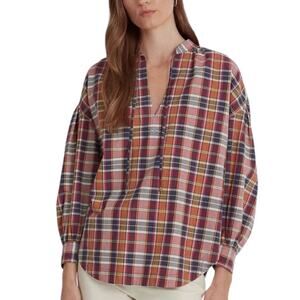 Lauren Ralph Lauren Cotton Poplin  Madras Plaid Tie-Neck Blouse  New Size Large